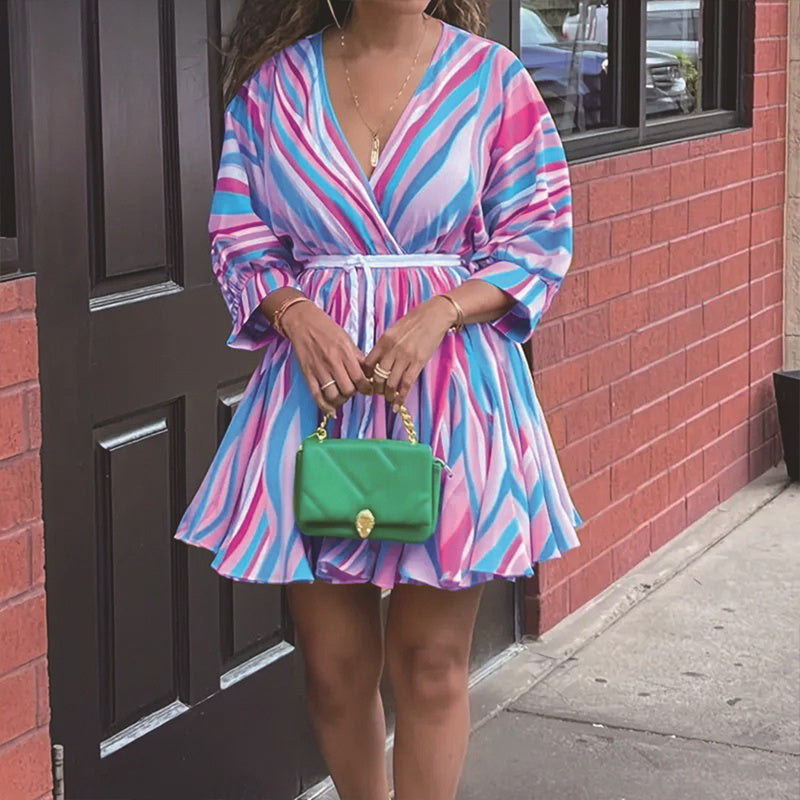 Women's V-Neck Rainbow Stripe Short Dress Three Quarters Sleeve Casual Summer Sundress With Tie Waist - Evans creations LLC