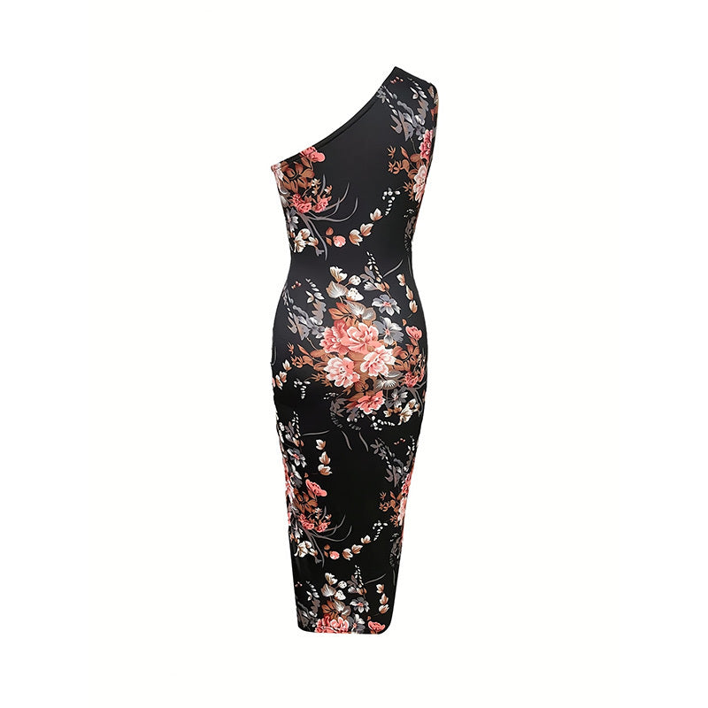 Women's One Shoulder Bodycon Dresses Summer 2025 Ruched High Split Floral Beach Cocktail Wedding Guest Dress - Evans creations LLC