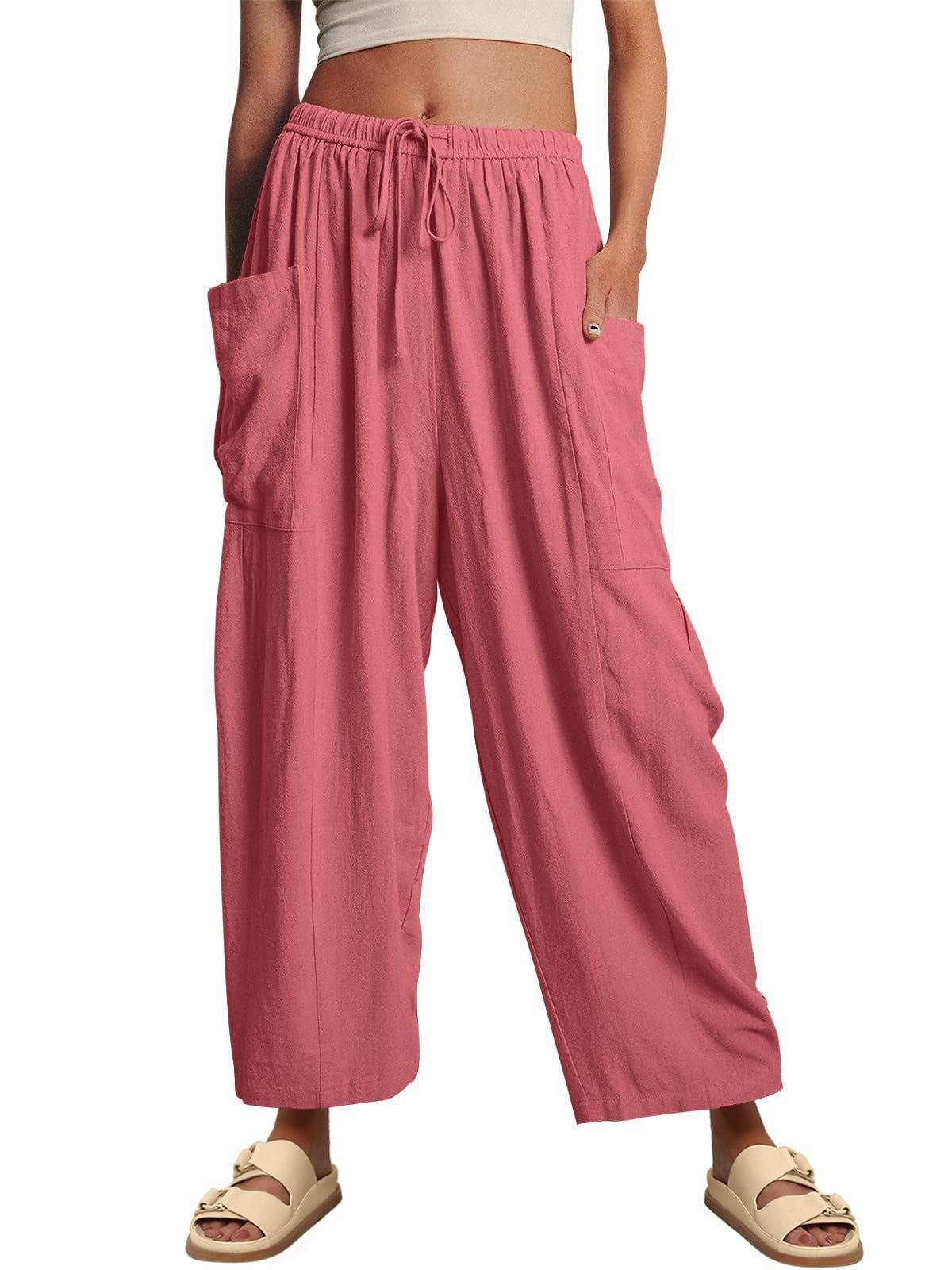 Stretched-waist Pleated High-waisted Wide-leg Loose Casual Cotton And Linen Long Pants - Evans creations LLC