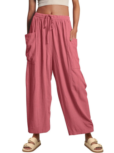 Stretched-waist Pleated High-waisted Wide-leg Loose Casual Cotton And Linen Long Pants - Evans creations LLC