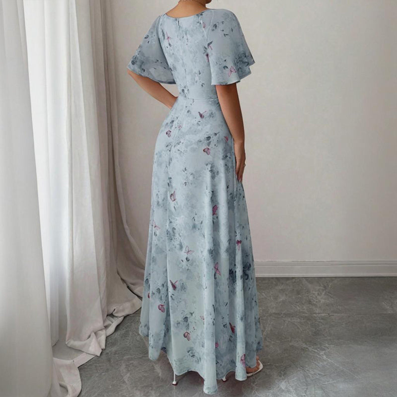 Women's Solid Color Square Neck Short Sleeve Butterfly Print Flowy Dress A-Line Summer Vacation Maxi Dress - Evans creations LLC