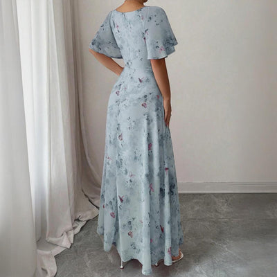 Women's Solid Color Square Neck Short Sleeve Butterfly Print Flowy Dress A-Line Summer Vacation Maxi Dress - Evans creations LLC