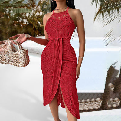 Women's Sexy Halter Neck Ruched Bodycon Midi Dresses Elegant Sleeveless Cocktail Party Dress - Evans creations LLC