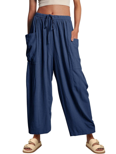 Stretched-waist Pleated High-waisted Wide-leg Loose Casual Cotton And Linen Long Pants - Evans creations LLC