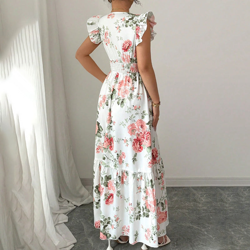 Womens Casual Summer Maxi Dress Flutter Short Sleeve V Neck Smocked A Line Flowy Beach Vacation Long Dresses - Evans creations LLC