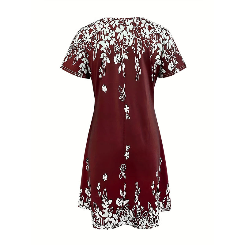Women's Summer Boho Dress Vintage Floral Print Short Sleeve T-Shirt Sundress Beach Casual Dress - Evans creations LLC