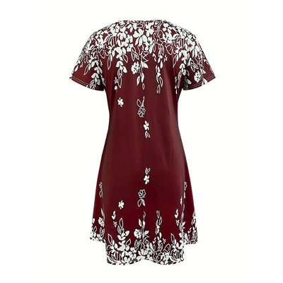 Women's Summer Boho Dress Vintage Floral Print Short Sleeve T-Shirt Sundress Beach Casual Dress - Evans creations LLC