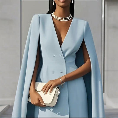 Women's Elegant Solid Color V Neck Double-Breasted Cape Blazer Dress Spring & Summer Party Banquet Outfit - Evans creations LLC