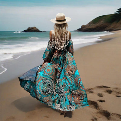 Women's Strapless Off-Shoulder Long Sleeve A-Line Dress - Bohemian Beach Maxi Dress With High Slit For Summer Vacation - Evans creations LLC