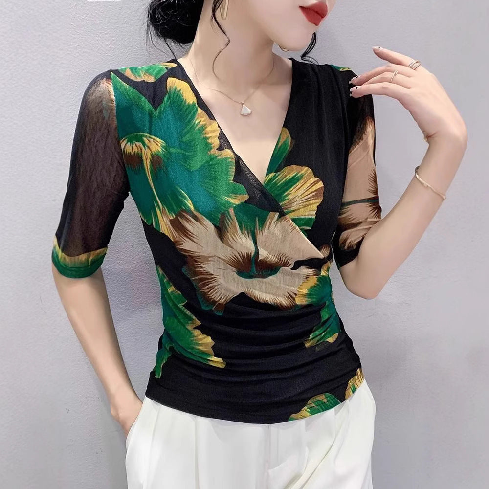 Fashion Printed V-neck T-shirt Women's Half Sleeve - Evans creations LLC