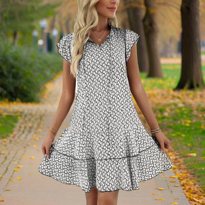 Women's Solid Color Print V-Neck Short Sleeve Dress - Summer Comfort Lace Trim Dress With Tie Detail - Evans creations LLC