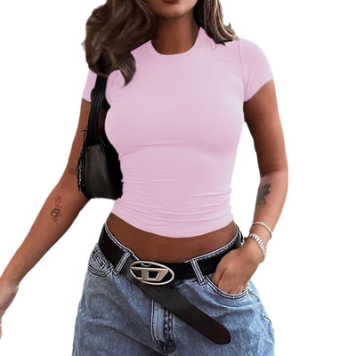 Spring And Summer Solid Color Top Waist Trimming Short Slim Fit Midriff-baring T-shirt - Evans creations LLC