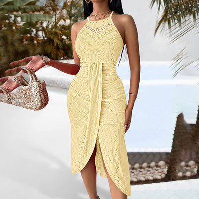 Women's Sexy Halter Neck Ruched Bodycon Midi Dresses Elegant Sleeveless Cocktail Party Dress - Evans creations LLC