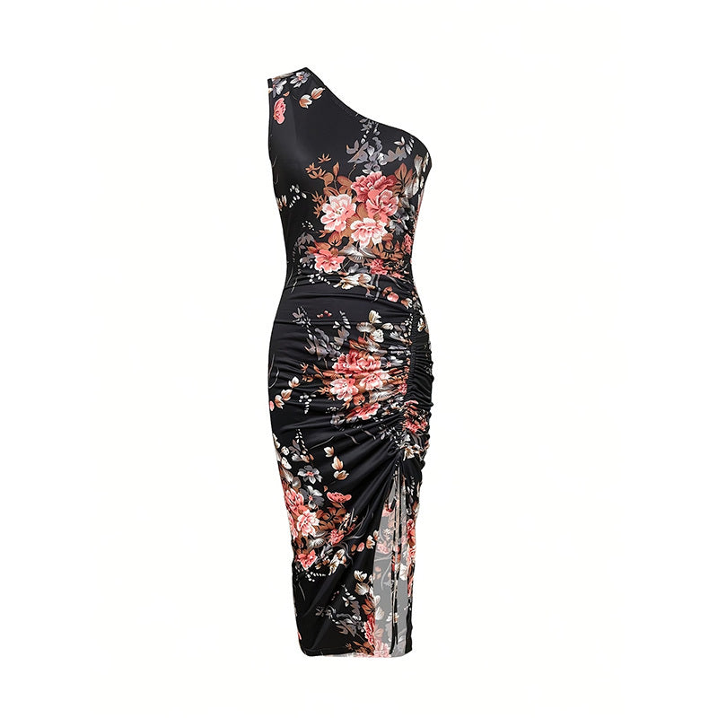 Women's One Shoulder Bodycon Dresses Summer 2025 Ruched High Split Floral Beach Cocktail Wedding Guest Dress - Evans creations LLC