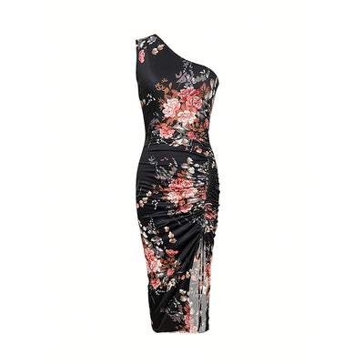 Women's One Shoulder Bodycon Dresses Summer 2025 Ruched High Split Floral Beach Cocktail Wedding Guest Dress - Evans creations LLC