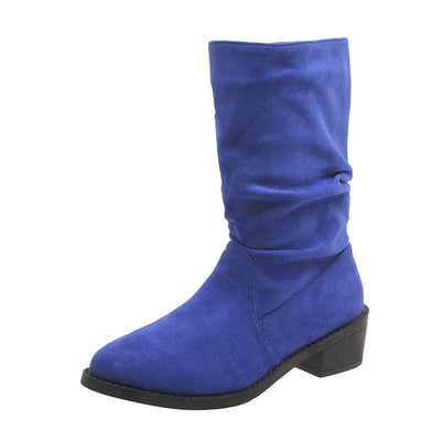 Large Size Thick Heel Pointed Toe Mid-calf Smoke Pipe Boots For Women - Evans creations LLC