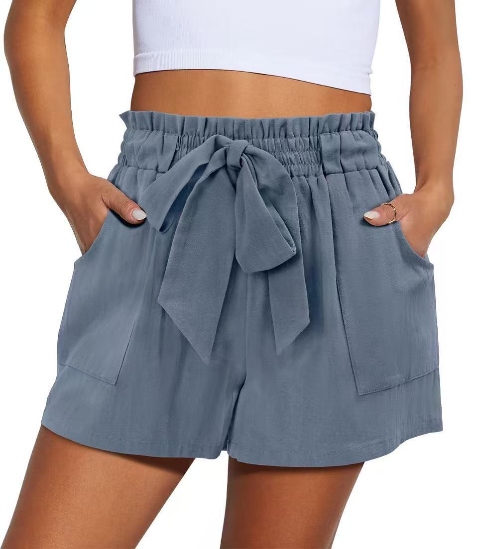 Summer New Elastic Waist Drawstring Knotted Short Solid Color Casual Women - Evans creations LLC