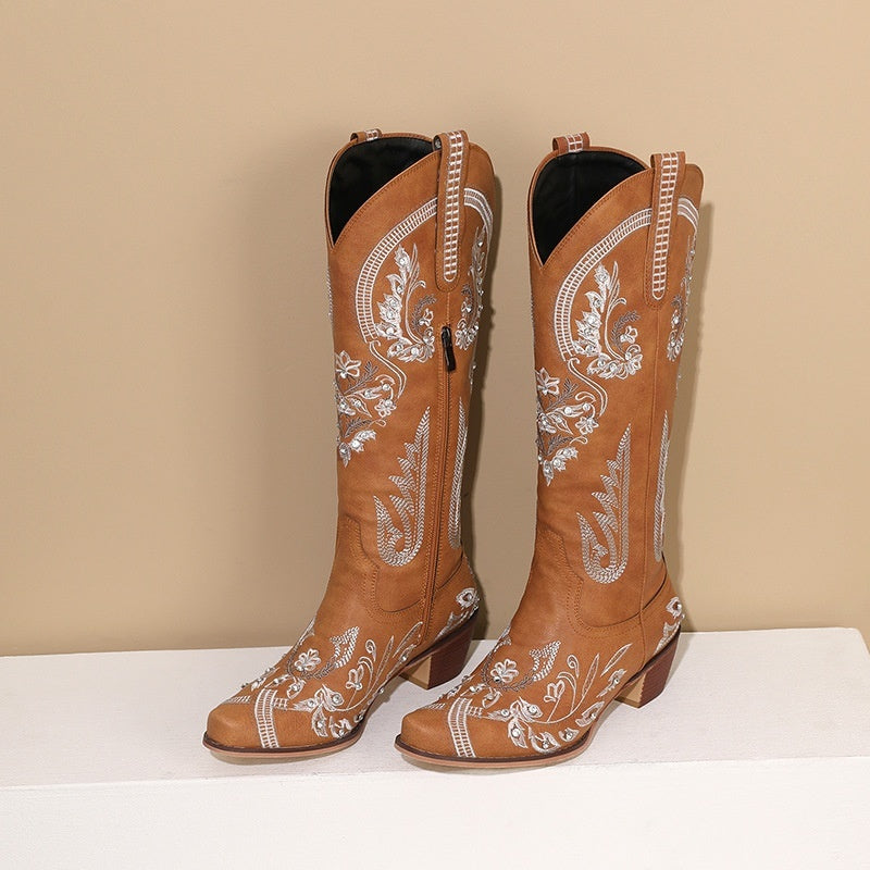 Embroidered Rhinestone Thick High Heel Side Zipper High-top Boots - Evans creations LLC