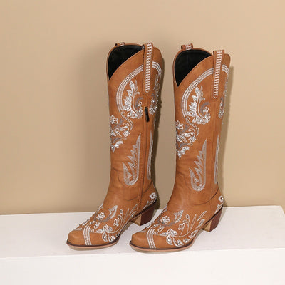 Embroidered Rhinestone Thick High Heel Side Zipper High-top Boots - Evans creations LLC