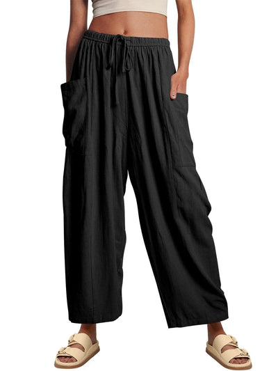 Stretched-waist Pleated High-waisted Wide-leg Loose Casual Cotton And Linen Long Pants - Evans creations LLC