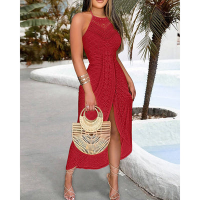 Women's Sexy Halter Neck Ruched Bodycon Midi Dresses Elegant Sleeveless Cocktail Party Dress - Evans creations LLC