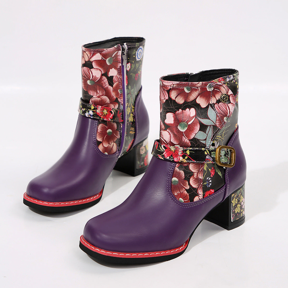 Women's Printed Stitching Round Head Thick Bottom Bootie - Evans creations LLC