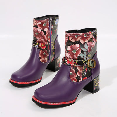 Women's Printed Stitching Round Head Thick Bottom Bootie - Evans creations LLC