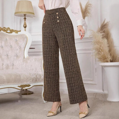 Versatile Classic Style Plaid Double-breasted Tweed High Waist Slimming Wide-leg Pants - Evans creations LLC