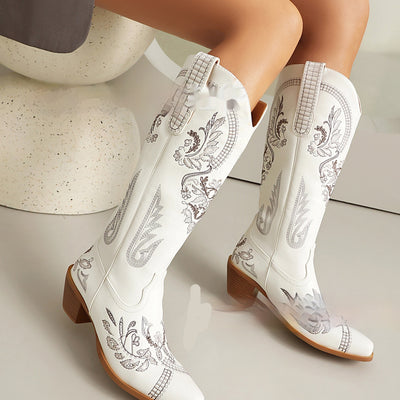 Embroidered Rhinestone Thick High Heel Side Zipper High-top Boots - Evans creations LLC