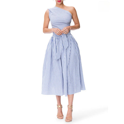 Women's Summer One Shoulder Striped Midi Dress Elegant Tie Waist Bodycon Dresses With Pockets - Evans creations LLC