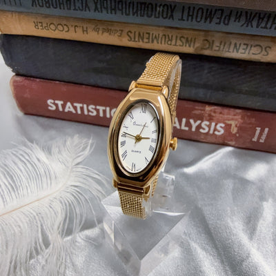 Oval Mesh Belt Retro Golden Simple Graceful Backflow Gold-plated Quartz Watch - Evans creations LLC