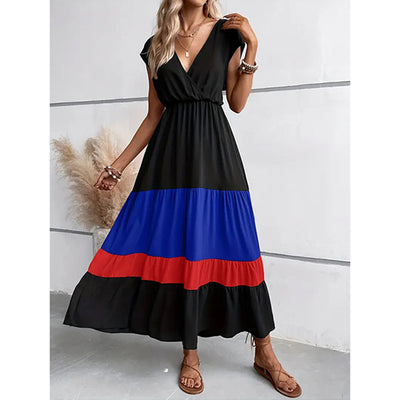 Women's Color Block Maxi Dresses V Neck Sleeveless Tiered Casual Dresses Loose Sundress - Evans creations LLC
