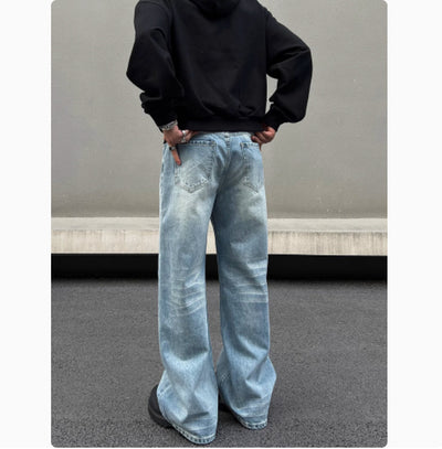 Men's Retro Whisker Washed Blue Straight Jeans - Evans creations LLC