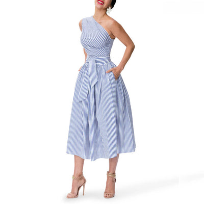 Women's Summer One Shoulder Striped Midi Dress Elegant Tie Waist Bodycon Dresses With Pockets - Evans creations LLC