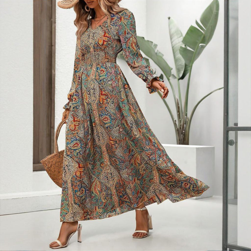 Women's V-Neck Retro Geometric Print Flounce Sleeve Dress - A-Line Maxi Dress With Smocked Waist For Spring&Summer - Evans creations LLC