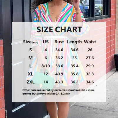 Women's V-Neck Rainbow Stripe Short Dress Three Quarters Sleeve Casual Summer Sundress With Tie Waist - Evans creations LLC