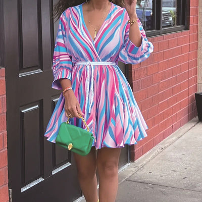 Women's V-Neck Rainbow Stripe Short Dress Three Quarters Sleeve Casual Summer Sundress With Tie Waist - Evans creations LLC
