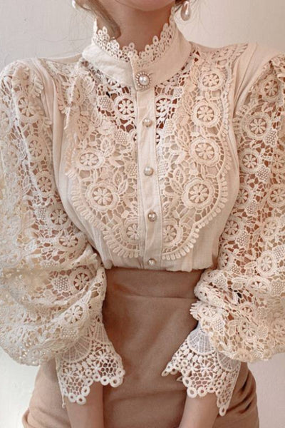 Design Palace Style Blouse Lace Stand-up Collar Long-sleeved Shirt Women - Evans creations LLC