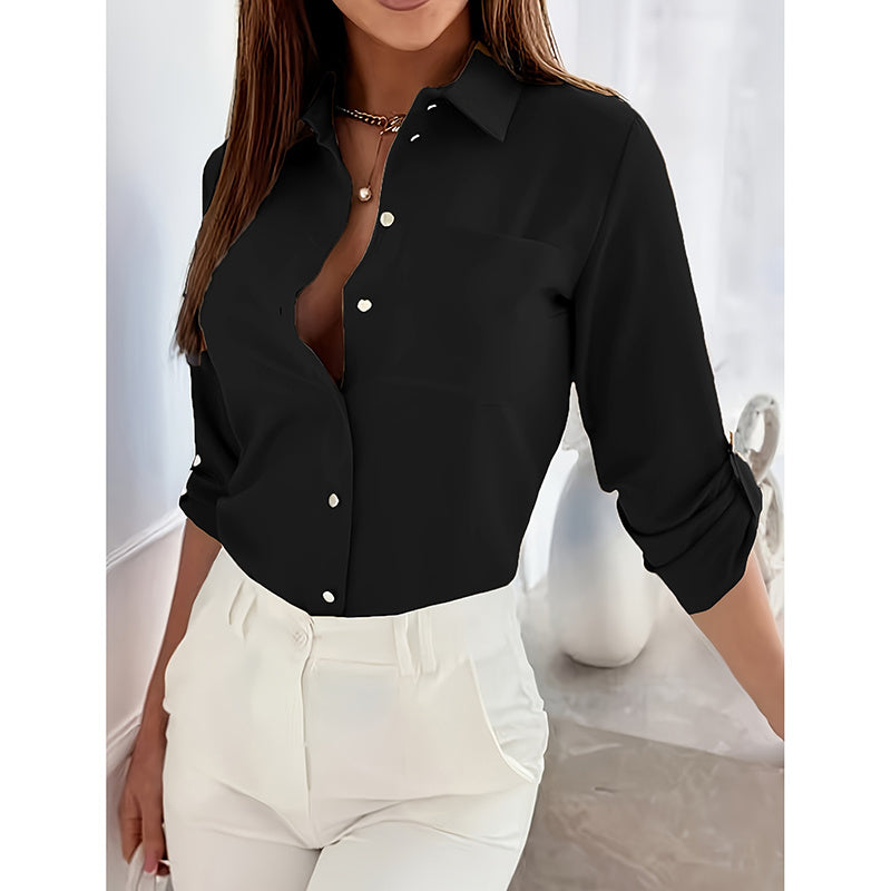 Womens Button Down Shirts V Neck Rolled Up Long Sleeve Tops Elegant Dressy Blouses Business Casual Outfits - Evans creations LLC