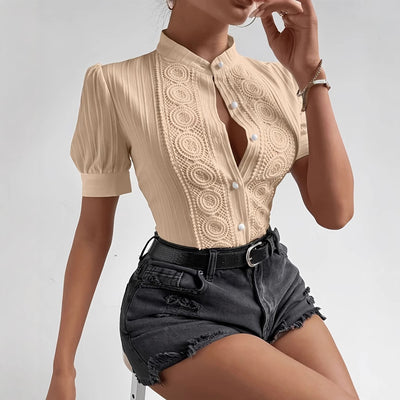 European And American Lace Patchwork Stand-up Collar Women's Top - Evans creations LLC