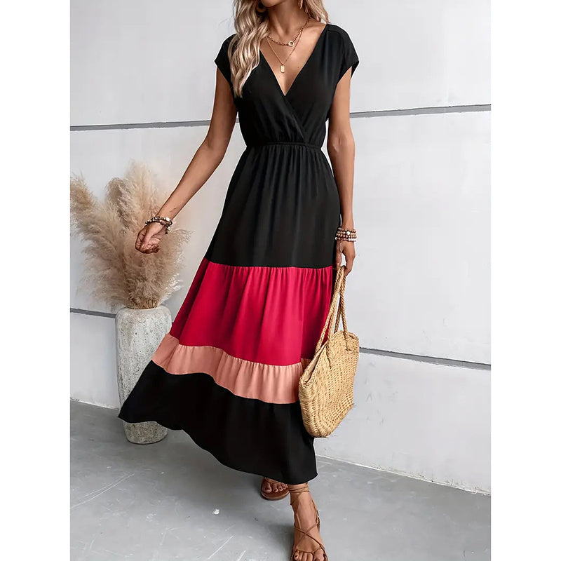 Women's Color Block Maxi Dresses V Neck Sleeveless Tiered Casual Dresses Loose Sundress - Evans creations LLC