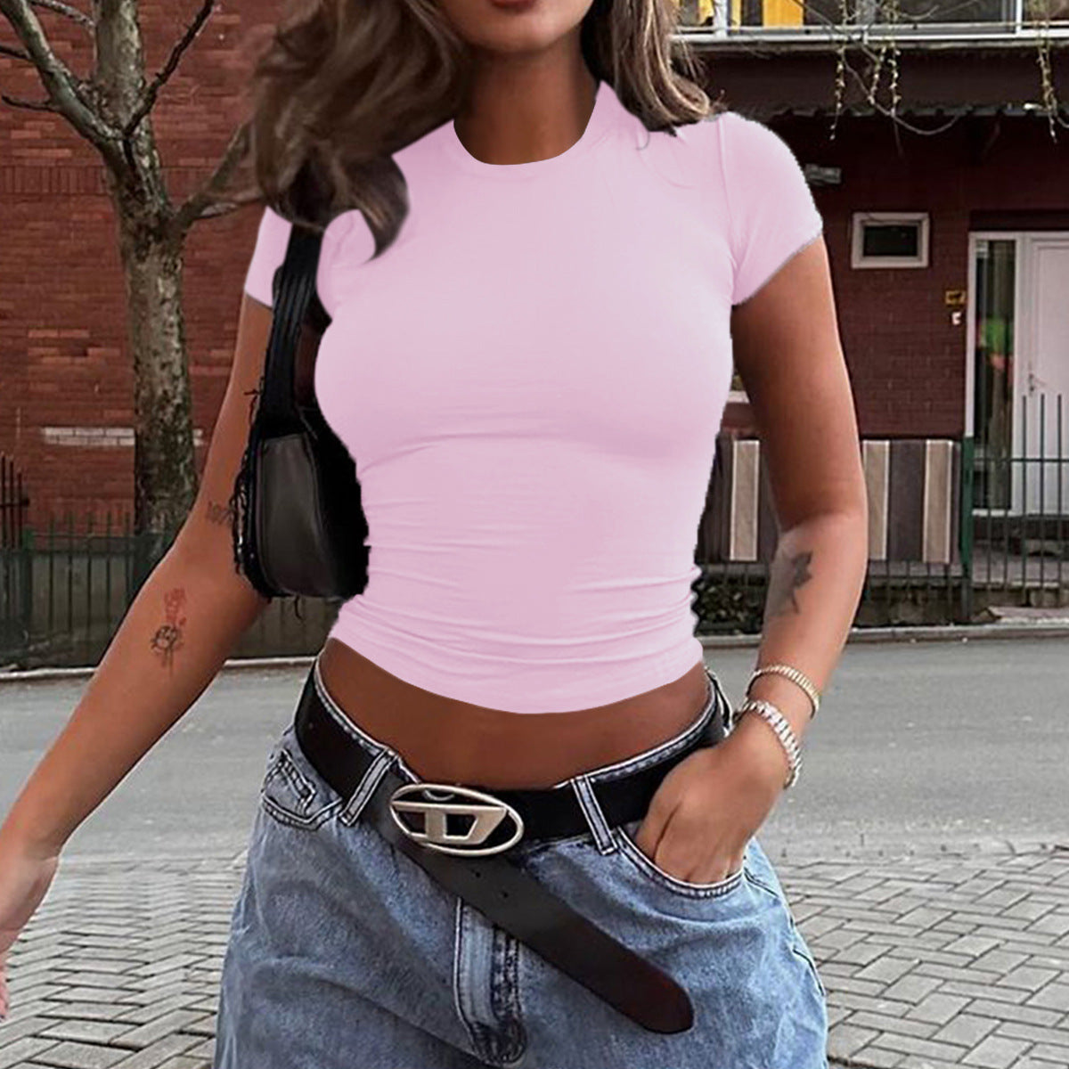 Spring And Summer Solid Color Top Waist Trimming Short Slim Fit Midriff-baring T-shirt - Evans creations LLC