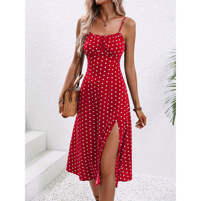 New Polka Dot Print Suspender Dress Summer Sexy Split Long Dresses For Womens Clothing - Evans creations LLC