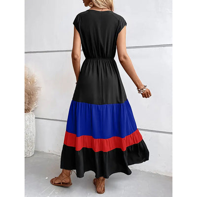Women's Color Block Maxi Dresses V Neck Sleeveless Tiered Casual Dresses Loose Sundress - Evans creations LLC