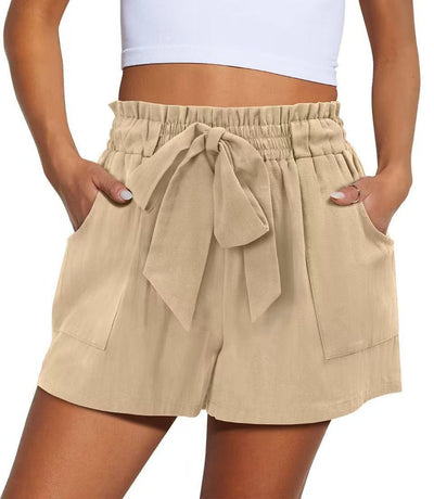 Summer New Elastic Waist Drawstring Knotted Short Solid Color Casual Women - Evans creations LLC