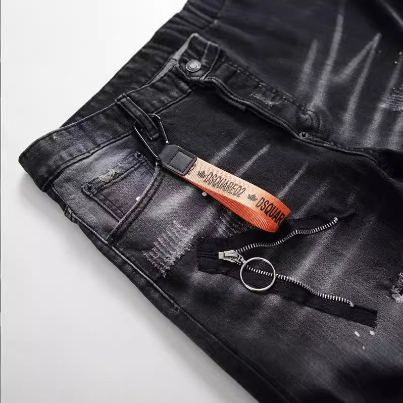 Black And Gray Paint Hole Zipper Decorations Personality Jeans Men - Evans creations LLC