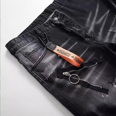 Black And Gray Paint Hole Zipper Decorations Personality Jeans Men - Evans creations LLC