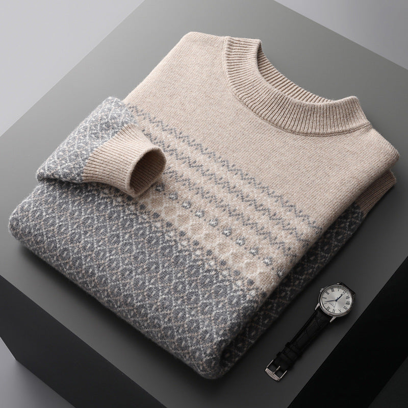 Men's Pure Wool Sweater Loose-fitting Casual Round-neck Color Matching - Evans creations LLC