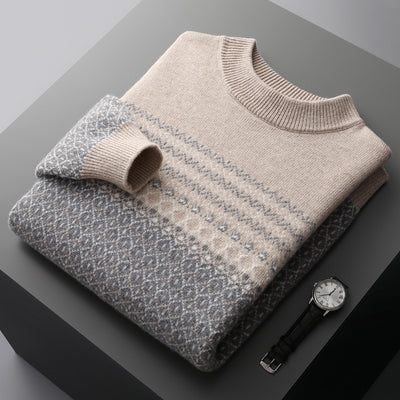 Men's Pure Wool Sweater Loose-fitting Casual Round-neck Color Matching - Evans creations LLC