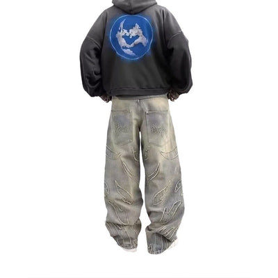 Retro Bat Pattern Lazy Embroidered Loose Jeans - Evans creations LLC